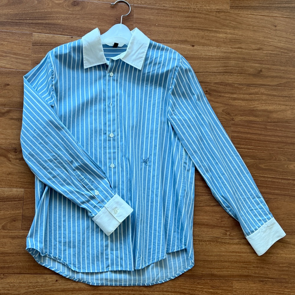 Depound Blue Striped Button-Up Shirt with White Collar
